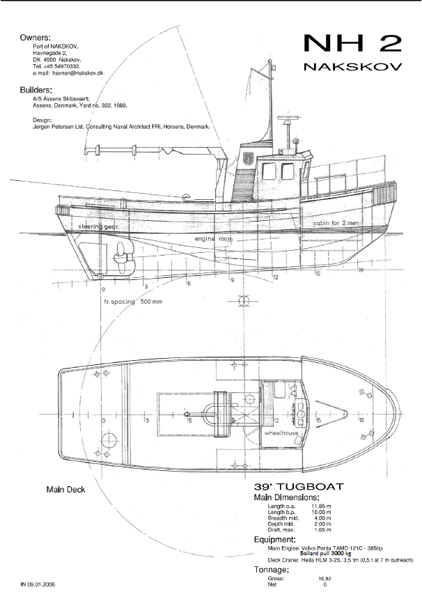 Tegning med specifikationer over Slæbebåd Nakskov Havn 2 